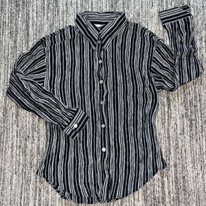 Carry Back Petite Women’s Sz 12 Crinkle Button Down Shirt Black Striped VTG USA‎
